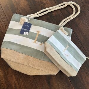NWT Striped Tote and Cosmetic Bag Bundle - Grey and White with L Monogram